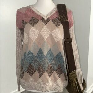 Vintage‎ Izod Multicolored V Neck Argyle Sweater Golf Womens Size Xl